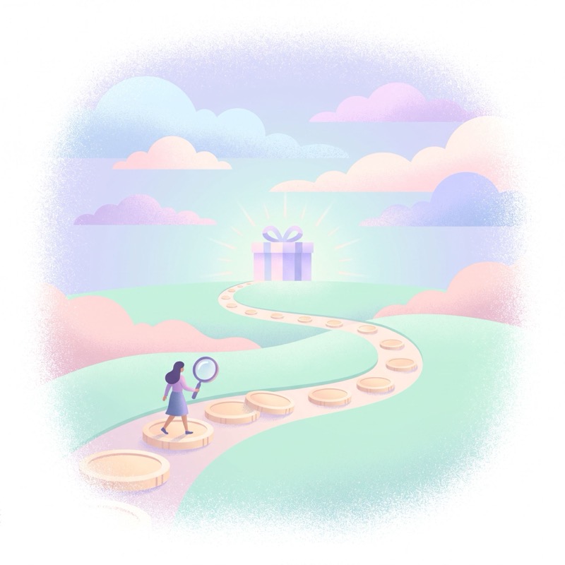 Hand-drawn scene of a woman inspecting a gift box full of dollar coins with a magnifying glass