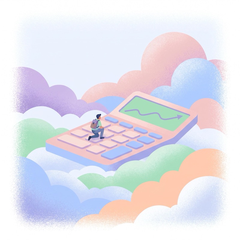 Hand-drawn scene of a man pressing the buttons of an oversized pastel calculator