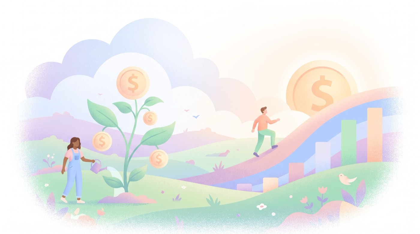 Illustrated pastel landscape where a woman waters a plant growing coins and a figure climbs soft hills toward a glowing coin