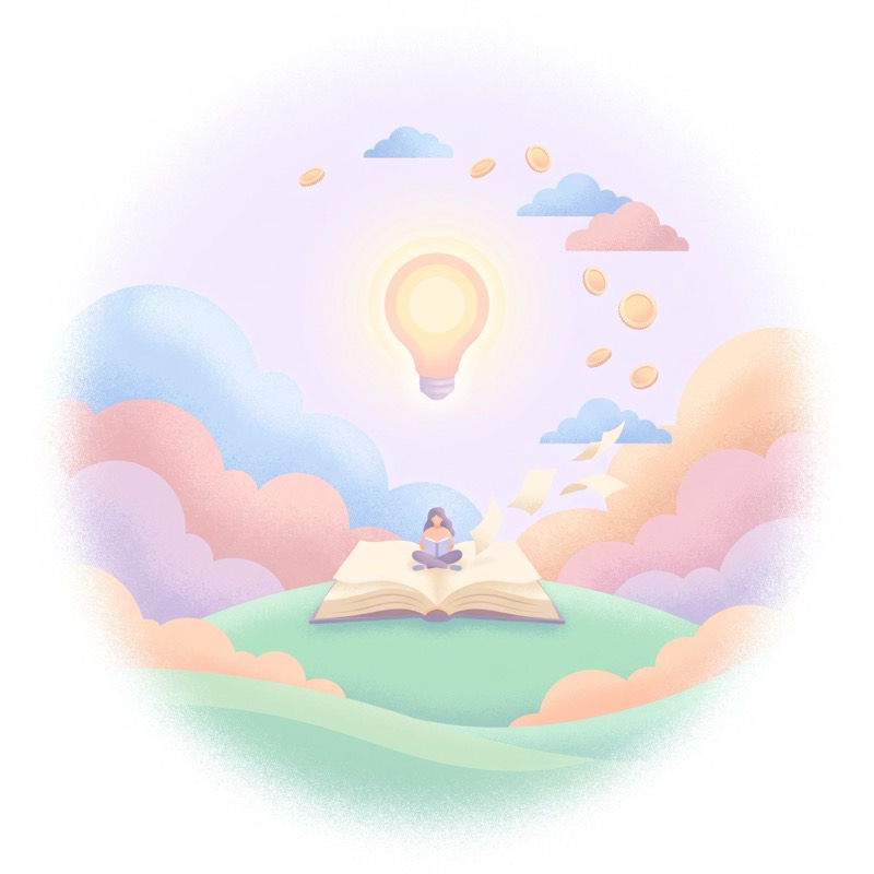 Hand-drawn scene of a woman reading a large purple book with a lightbulb glowing above it