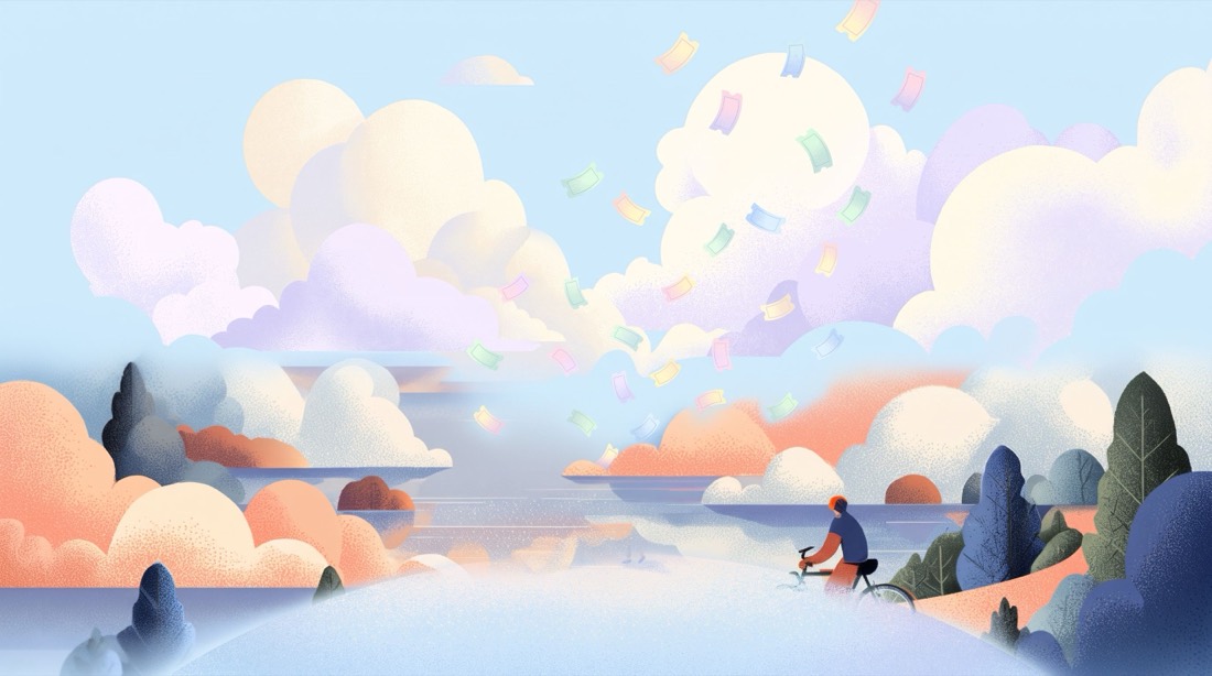 Illustration of paper entries drifting up into a pale sky