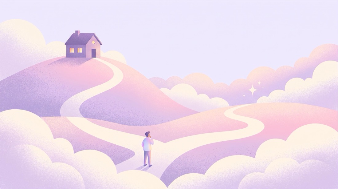 Illustration of a path forking toward a house on a hill or a distant sparkle
