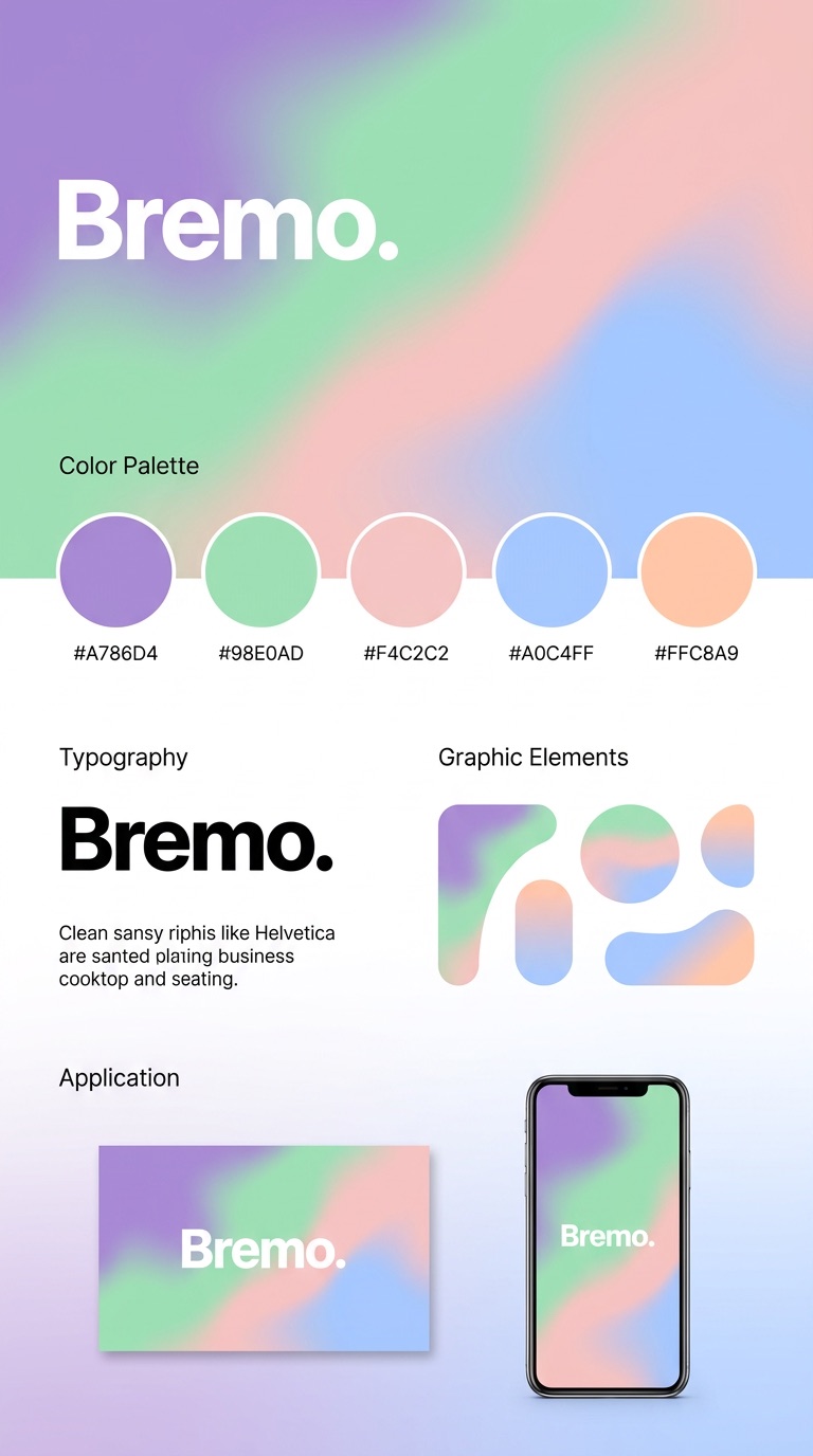 Bremo brand palette with hex codes A786D4, 98E0AD, F4C2C2, A0C4FF and FFC8A9 plus holographic graphic elements