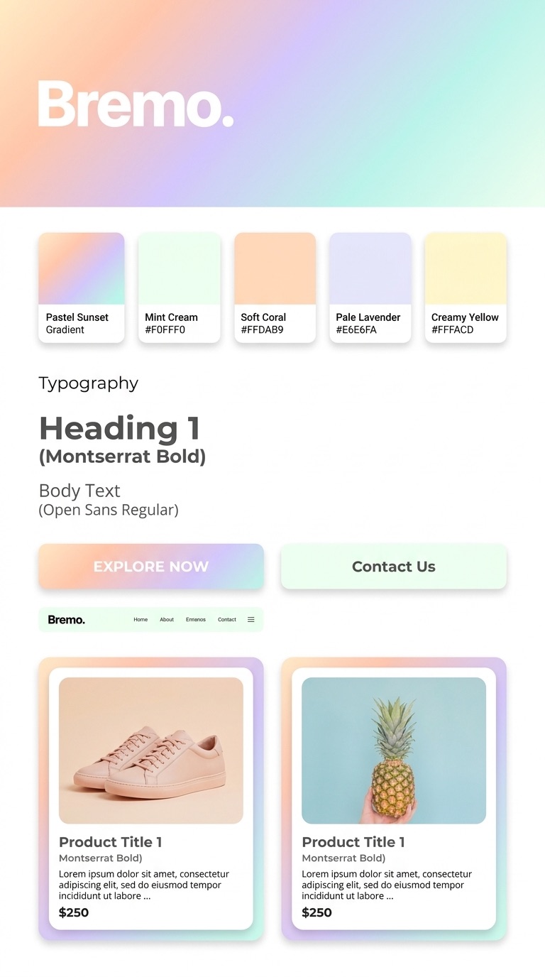 Bremo brand style guide with the pastel colour palette, Montserrat and Open Sans typography, and gradient buttons
