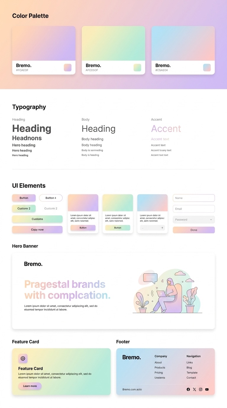 Bremo brand UI kit with colour palette, buttons, cards and a hero banner