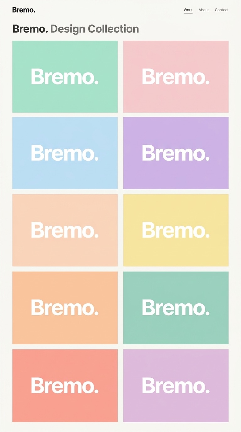 The Bremo wordmark logo shown across mint, pink, blue, lilac, peach and yellow pastel tiles